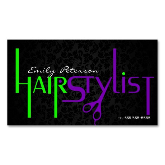 黒はっきりした緑と紫の美容師文字 マグネット名刺 (正面)