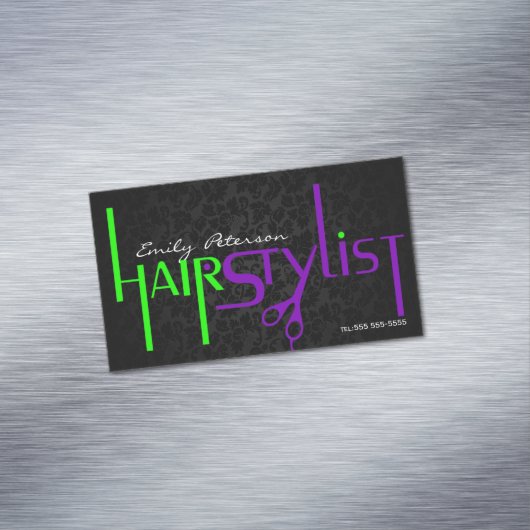 黒はっきりした緑と紫の美容師文字 マグネット名刺 (インサイチュ)