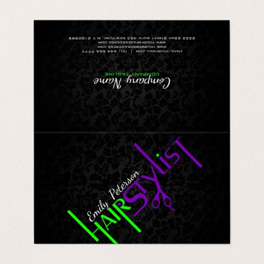 黒はっきりした緑と紫の美容師文字 名刺 (外部フラット)