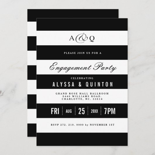 黒はっきりした色ストライプ婚約パーティ招待状 招待状 (正面/裏面)