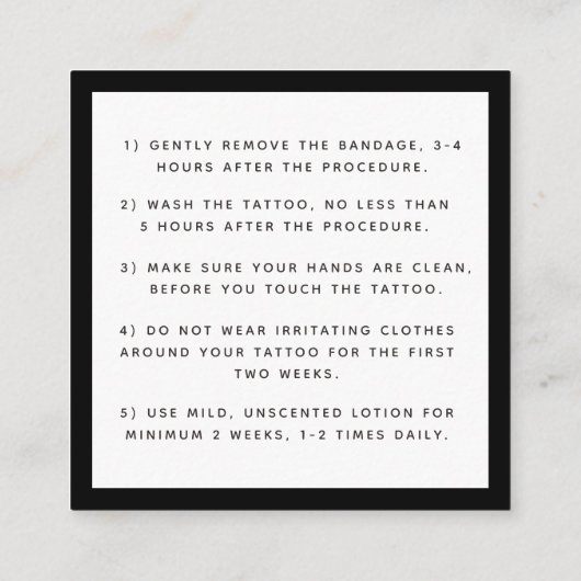 黒はっきりした蝶タトゥーアフターケアの指示 スクエア名刺 (裏面)