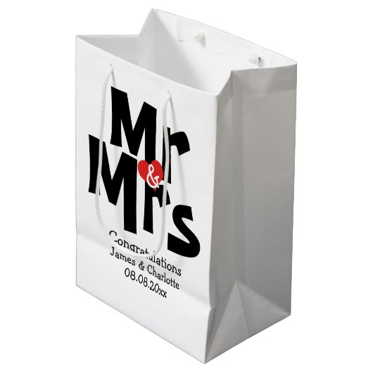 黒はっきりした赤パーソナライズされた夫妻 ミディアムペーパーバッグ (正面アングル)