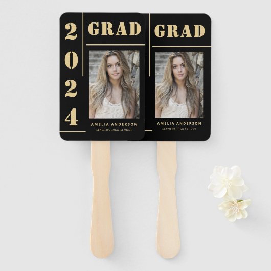 黒はっきりした金ゴールドタイポグラフィ写真卒業パーティー ハンドファン (正面&裏面)
