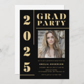 黒はっきりした金ゴールドタイポグラフィ写真卒業パーティー 招待状 (正面/裏面)