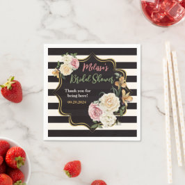 黒はっきりした、アイボリーストライプ、フローラブライダルシャワー スタンダードカクテルナプキン