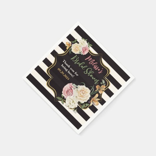 黒はっきりした、アイボリーストライプ、フローラブライダルシャワー スタンダードカクテルナプキン (角)
