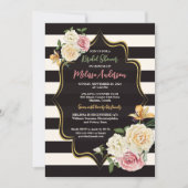 黒はっきりした、アイボリーストライプ、花模様ブライダルシャワー 招待状 (正面)