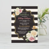 黒はっきりした、アイボリーストライプ、花模様ブライダルシャワー 招待状 (スタンド正面)