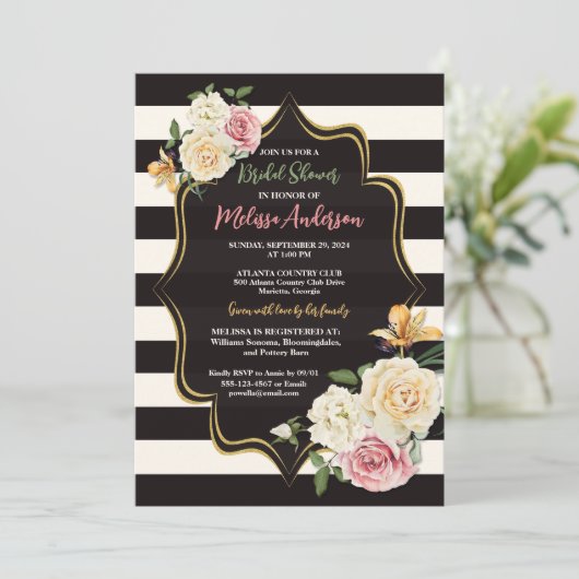 黒はっきりした、アイボリーストライプ、花模様ブライダルシャワー 招待状 (スタンド正面)