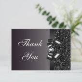 黒はスパンコールの弓を印刷しました及びダイヤモンドは感謝していしています サンキューカード (スタンド正面)