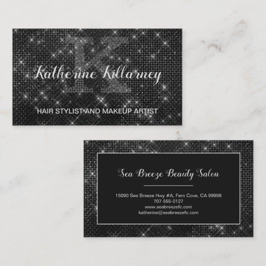 黒ひガーリーし形スパークルグラムシックモノグラム 名刺 (正面/裏面)