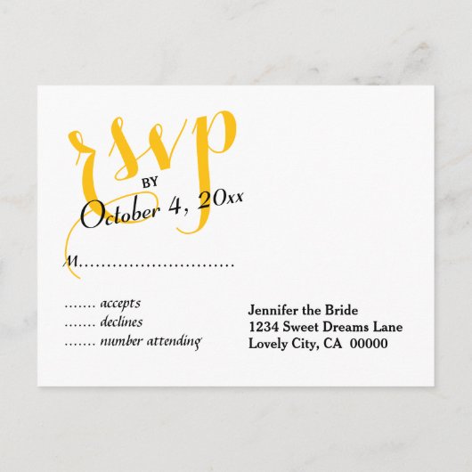 黒または任意の色の筆記体RSVPの結婚応答 インビテーションポストカード (裏面)
