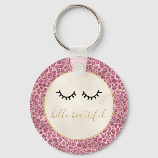 黒まつガーリーげ金ゴールドピンクヒョウ柄 キーホルダー (正面)