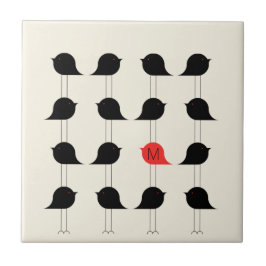 黒よくはしゃぐモダン鳥模様モノグラム タイル