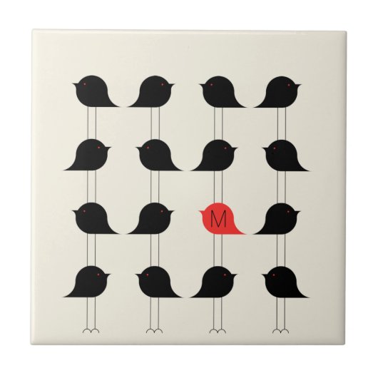 黒よくはしゃぐモダン鳥模様モノグラム タイル (正面)