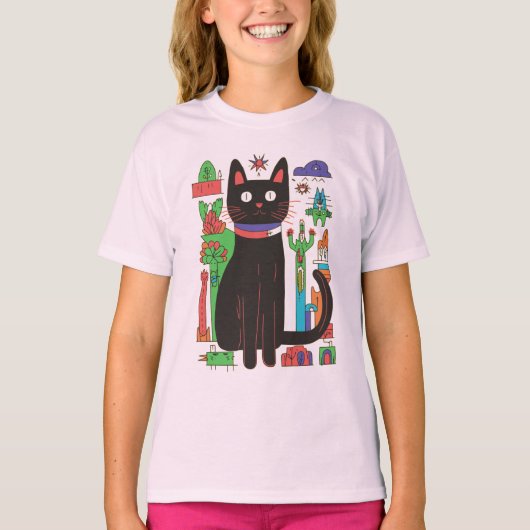 黒よくはしゃぐ猫(抽象芸術アクセント付カラフル) Tシャツ (正面)