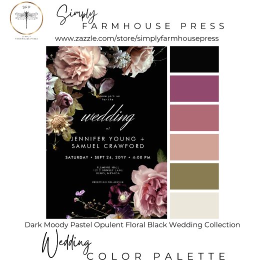 黒を基調としたムーディーなパステルカラーの豪華な花のブラックディナー オールインワン招待状