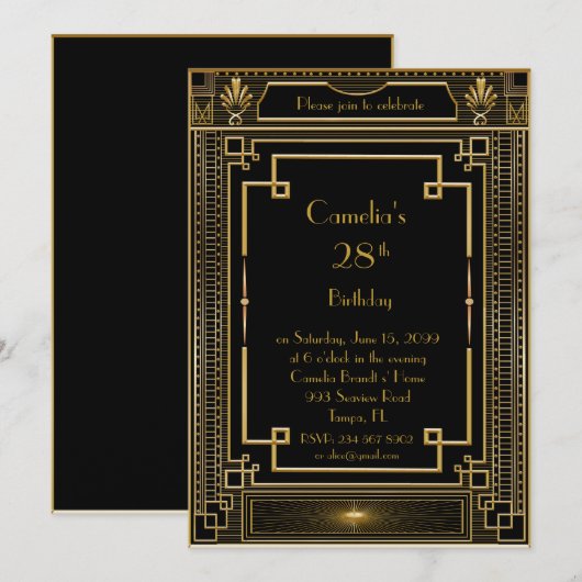 黒を基調とした、ゴージャスな大人のパーティーのお誘いです。 招待状 (正面/裏面)