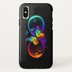 黒を背景に虹の蝶が舞う鮮やかな無限大 iPhone XSケース