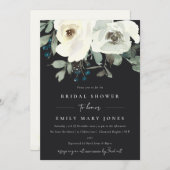 黒アイボリー白フローラ水彩ブライダルシャワー 招待状 (正面/裏面)