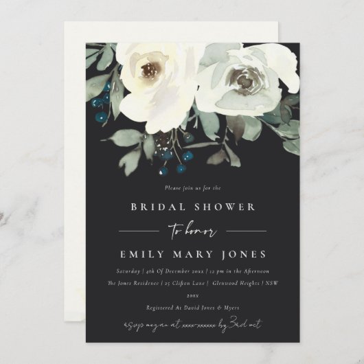 黒アイボリー白フローラ水彩ブライダルシャワー 招待状 (正面/裏面)