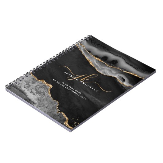 黒アゲエレガントート金ゴールドグリッタースクリプトモノグラム ノートブック (左側)