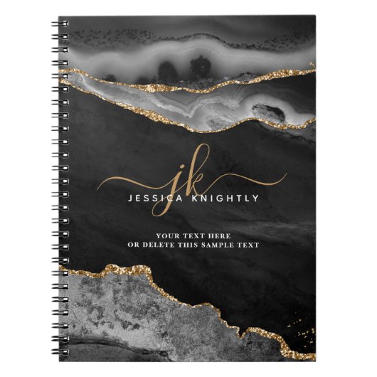 黒アゲエレガントート金ゴールドグリッタースクリプトモノグラム ノートブック (正面)