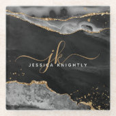 黒アゲモダンート金ゴールドグリッタースクリプトモノグラム ガラスコースター (正面)