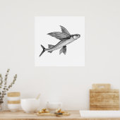 黒アンティーク飛んでいる魚イラストレーションポスター ポスター (キッチン)