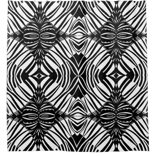 黒アートと白の部族模様 シャワーカーテン (正面)