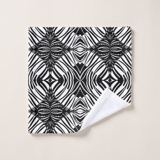 黒アート色と白の幾何学模様 バスタオルセット (ウォッシュタオル)