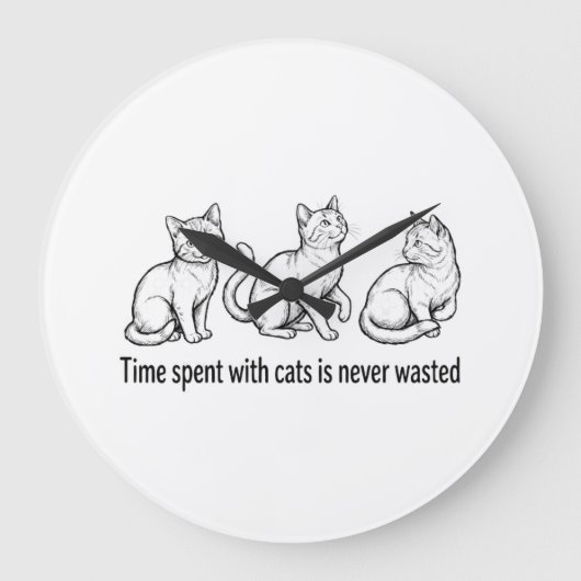 黒インクで描かれた3匹の猫のスケッチ "猫との時間は" ラージ壁時計 (正面)