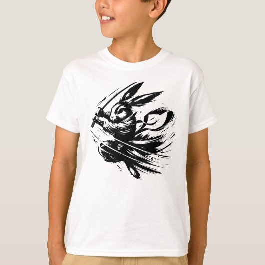 黒インクのサムライうさぎ戦士 Tシャツ (正面)