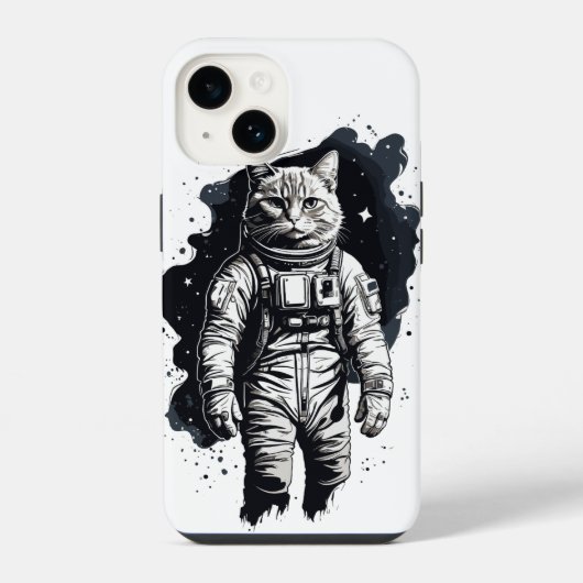 黒インク宇宙飛行士猫デザイン iPhoneケース (裏面)