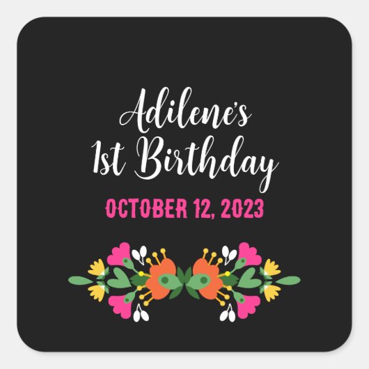 黒エスニックフラワーフェスタメキシコ刺繍 スクエアシール (正面)