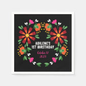 黒エスニックフラワーフェスタメキシコ刺繍 スタンダードカクテルナプキン (正面)