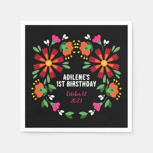 黒エスニックフラワーフェスタメキシコ刺繍 スタンダードカクテルナプキン (正面)