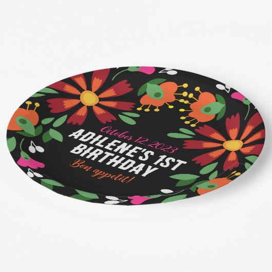 黒エスニックフラワーフェスタメキシコ刺繍 ペーパープレート (アングル)