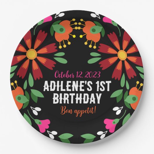 黒エスニックフラワーフェスタメキシコ刺繍 ペーパープレート (正面)