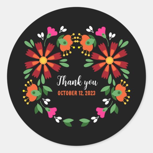 黒エスニックフラワーフェスタメキシコ刺繍 ラウンドシール (正面)
