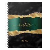 黒エメラルドグリーン金ゴールドアゲート大理石名スクリプト ノートブック (正面)