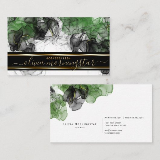 黒エメラルド素晴らし金ゴールドアクセント流体アート 名刺 (正面/裏面)