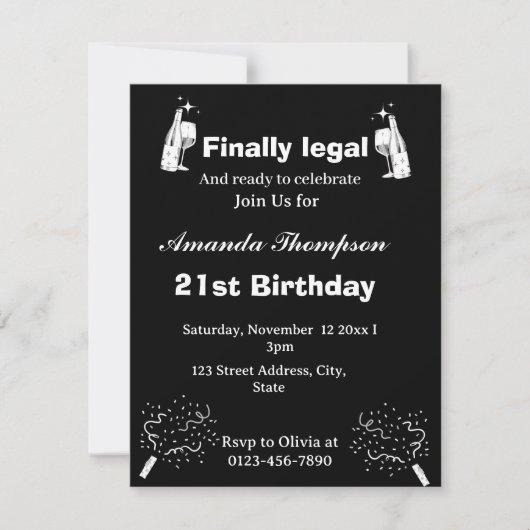 黒エレガントい最終的に法的な21歳の誕生日 招待状 (正面)