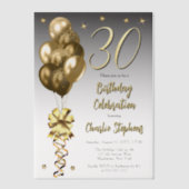 黒エレガントい30歳の誕生日パーティー上の金ゴールドバルーン ベラム紙招待状 (正面)