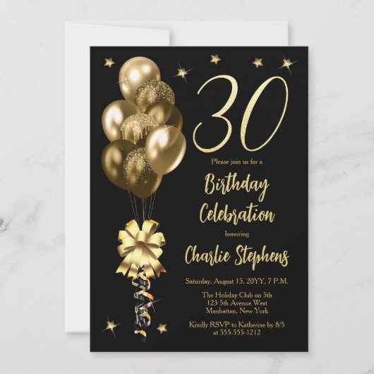 黒エレガントい30歳の誕生日パーティー上の金ゴールドバルーン 招待状 (正面)