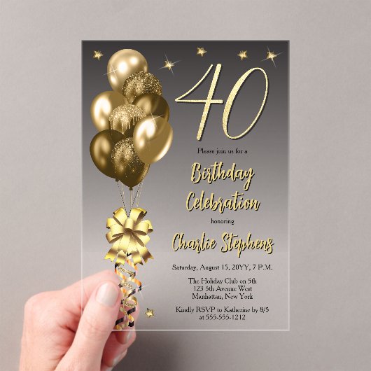 黒エレガントい40歳の誕生日パーティー上の金ゴールドバルーン アクリル招待状 (インサイチュ (ポータブル))