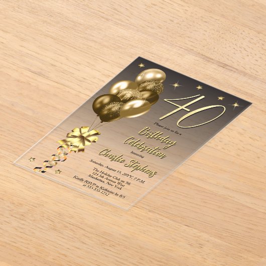 黒エレガントい40歳の誕生日パーティー上の金ゴールドバルーン アクリル招待状 (レイダウン)