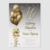 黒エレガントい40歳の誕生日パーティー上の金ゴールドバルーン ベラム紙招待状 (正面)