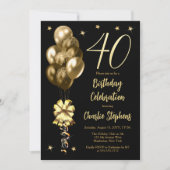 黒エレガントい40歳の誕生日パーティー上の金ゴールドバルーン 招待状 (正面)