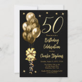 黒エレガントい50歳の誕生日パーティーの金ゴールドバルーン 招待状 (正面)